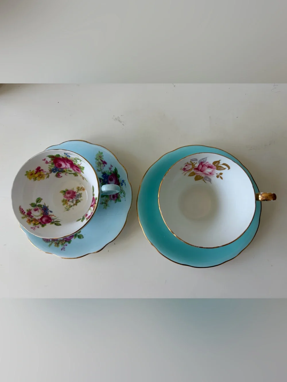 Vtg Aynsley & Foley Bone China Floral Tea Cup & Saucer sets Blue White England